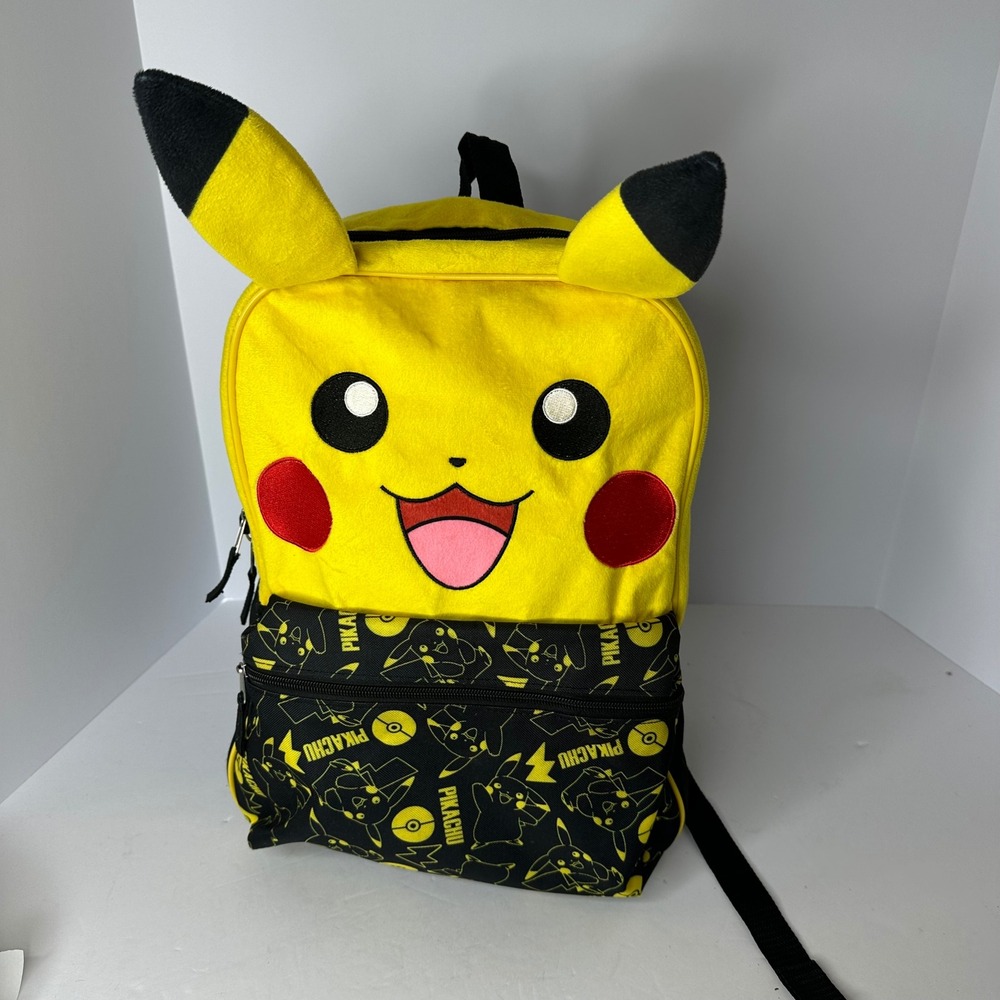 Pokemon Pikachu Plush 16 Inch Backpack Yellow Black Character Bag with 3D Ears